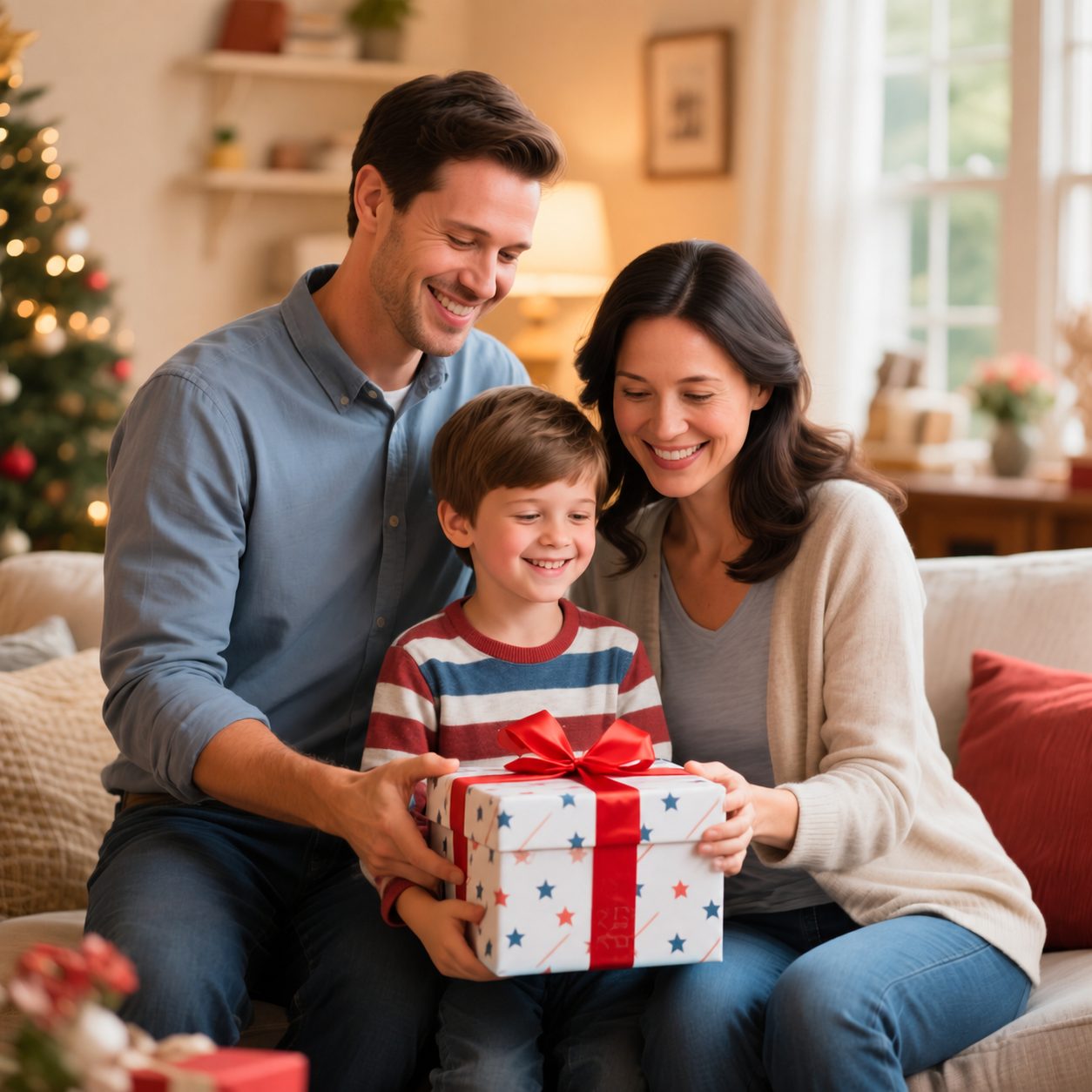 Family gifting a present to a child