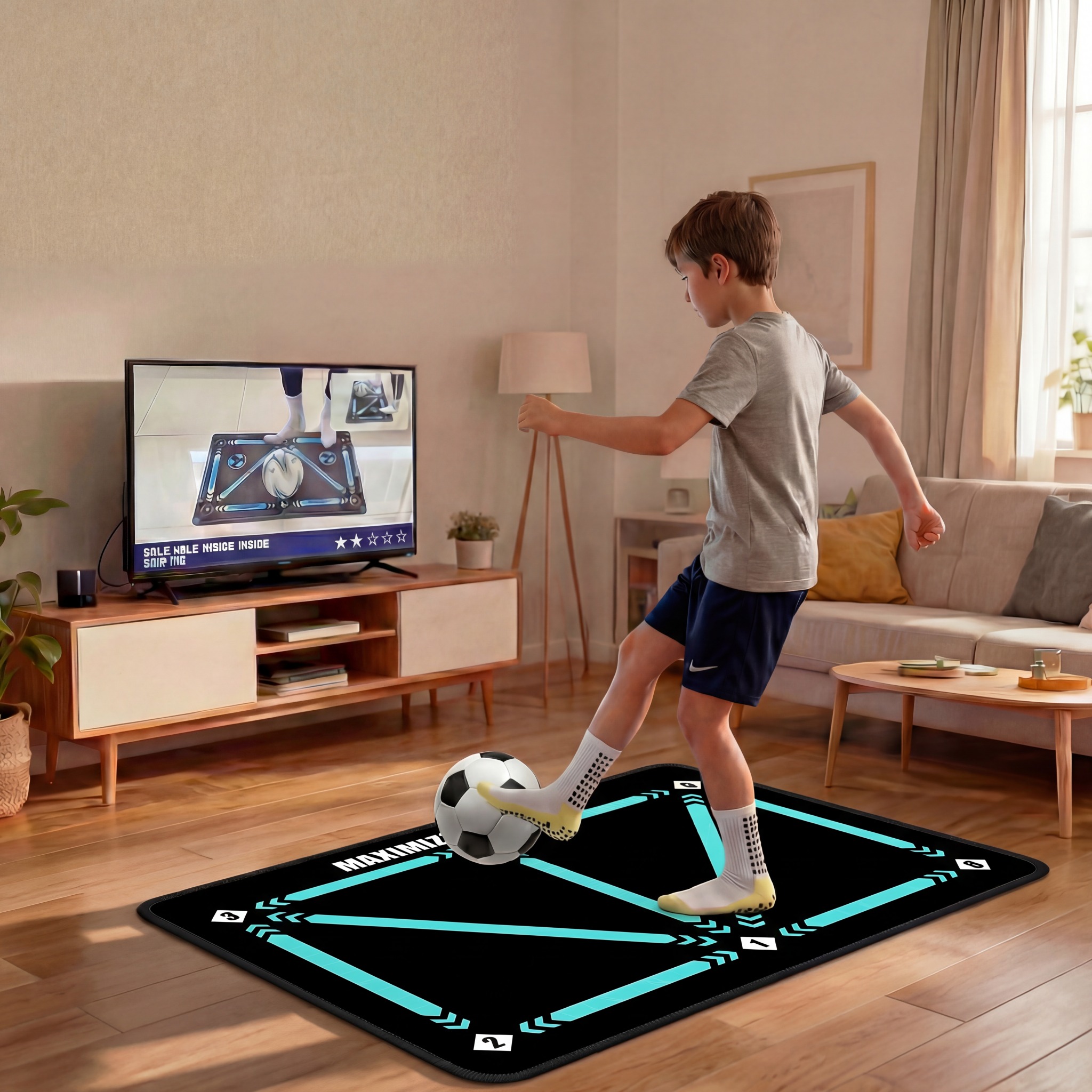 Child practicing football at home on training mat
