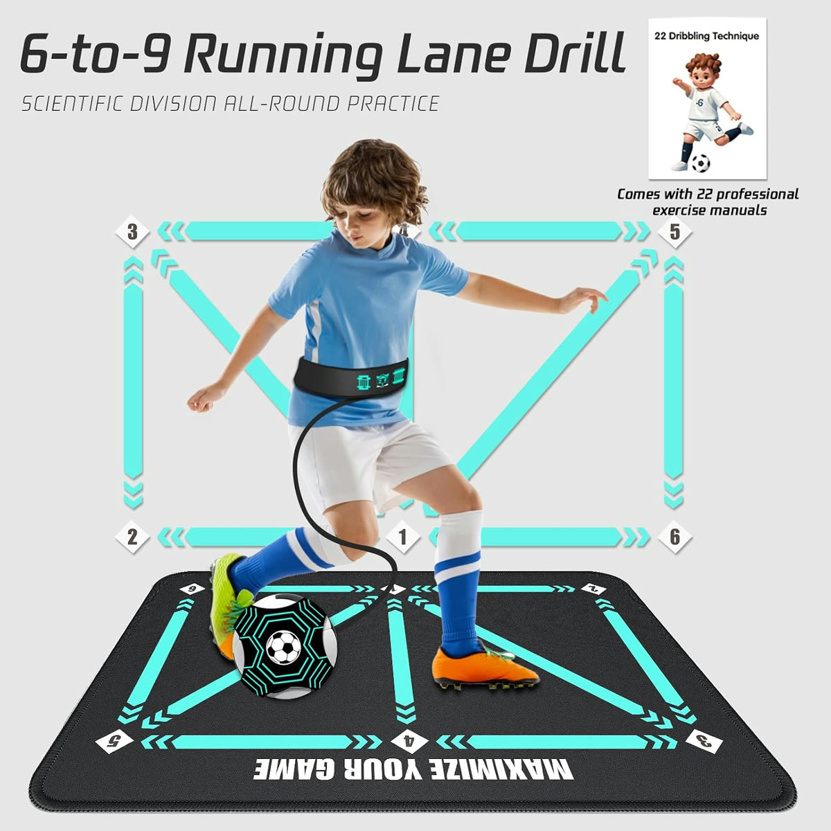 Young player practicing the 6-to-9 running lane drill on the football training mat