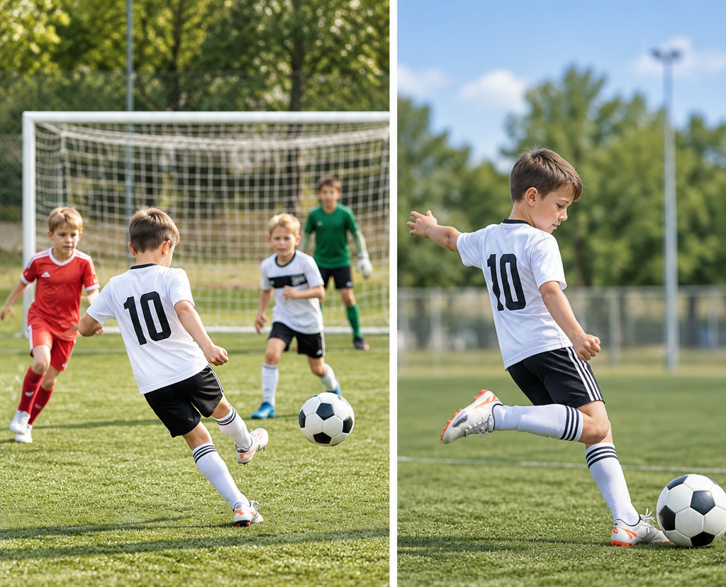 Young players in a football match and a boy striking the ball on a grass pitch